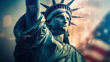 estátua do liberdade e a americano bandeira - ícones do patriotismo - generativo ai foto