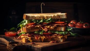 fresco grelhado carne sanduíche em rústico ciabatta pão gerado de ai foto