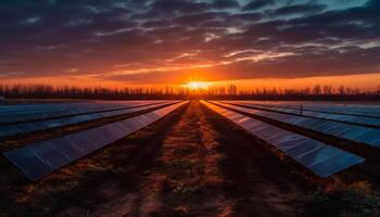 pôr do sol sobre rural paisagem, uma tranquilo cena gerado de ai foto