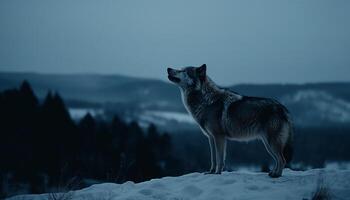 majestoso cinzento Lobo caminhando através inverno região selvagem uivando gerado de ai foto