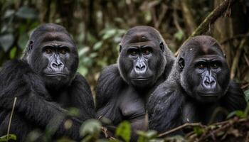 Preto macaque encarando dentro tropical floresta tropical região selvagem área generativo ai foto