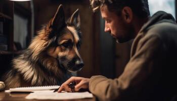 1 homem sentado com dele fofa cachorro generativo ai foto