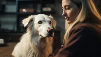 1 mulher e dela leal, fofa cachorro generativo ai foto