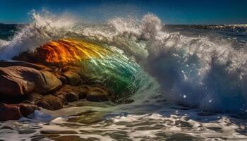 espirrando ondas batida em majestoso rochoso litoral gerado de ai foto