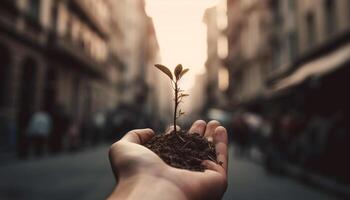 mão segurando plantinha, Novo vida começa ao ar livre gerado de ai foto