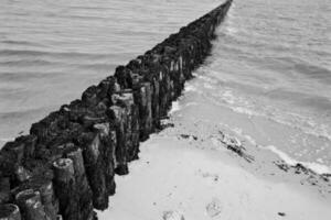 de madeira pranchas em a arenoso de praia dentro a Wadden mar foto