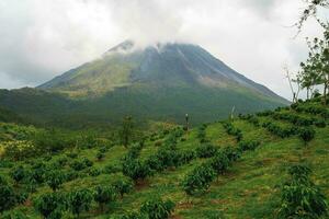 vulcão arenal domina a panorama durante pôr do sol, Como visto a partir de a Monteverde foto