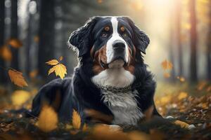 Bernese montanha cachorro dentro outono floresta. generativo ai foto