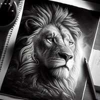 Preto e branco desenhando do uma leão. generativo ai. foto