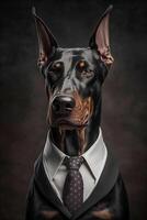 ai gerado estúdio retrato do negrito Bravo doberman cachorro dentro terno camisa e gravata vestindo oculos de sol foto