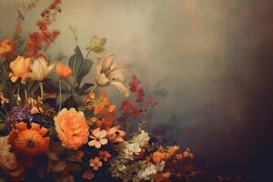 ai gerado vintage concurso flores dentro diferente cores com livre espaço em a esquerda foto