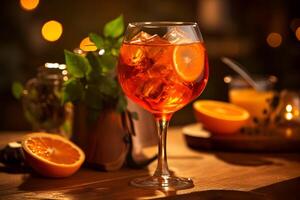 ai gerado vidro do fresco aperol spritz em de madeira mesa às Barra e de praia foto