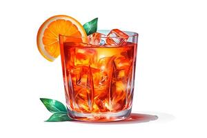 ai gerado vidro do fresco aperol spritz em de madeira mesa às Barra e de praia foto