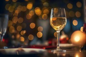 branco vinho dentro uma alta vinho vidro restaurantes bokeh fundo, generativo ai. foto