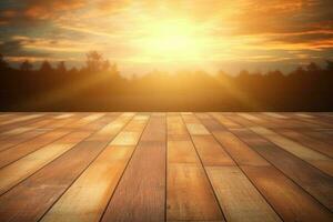 lindo de madeira chão iluminado de a pôr do sol. generativo ai foto
