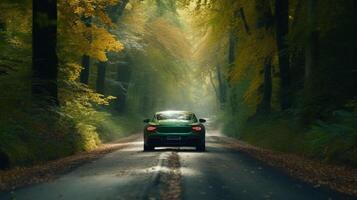 uma sereno floresta conjuntos a etapa Como uma carro graciosamente desliza em a estrada ai gerado foto
