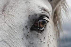 poderoso cavalos olho olhares fixos debaixo uma nublado céu, majestoso juba ai gerado foto