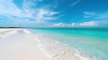 uma de praia com uma azul céu e branco nuvens. generativo ai foto