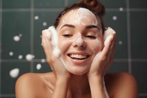 fechar-se retrato do jovem mulher limpa a pele com espuma em dela face dentro banheiro. generativo ai foto