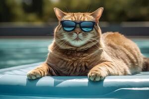 uma fofa gato vestindo oculos de sol deitado em uma flutuador dentro natação piscina. generativo ai foto