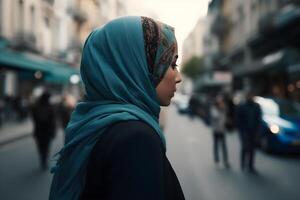 lindo muçulmano mulher vestindo hijab carrinhos dentro uma cidade rua. generativo ai foto