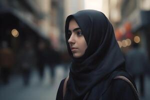 lindo muçulmano mulher vestindo hijab carrinhos dentro uma cidade rua. generativo ai foto