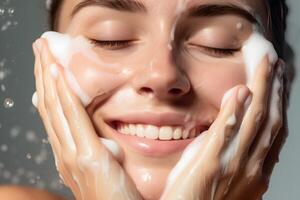 fechar-se retrato do jovem mulher limpa a pele com espuma em dela face dentro banheiro. generativo ai foto