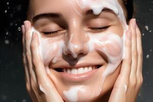 fechar-se retrato do jovem mulher limpa a pele com espuma em dela face dentro banheiro. generativo ai foto