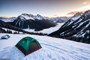 temor inspirador manhã Visão do Nevado montanha vales e picos a partir de uma montanha acampamento. ai gerado. foto