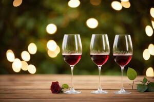 romântico rosas e vinho dentro bokeh fundo . ai gerado. foto