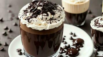 decadente café milkshake com chocolate xarope e açoitado creme. ai gerado. foto