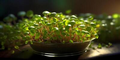 microgreens plantar superalimento, cópia de espaço borrado fundo, generativo ai foto