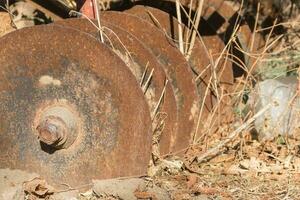 velho abandonado aração disco em a Fazenda foto