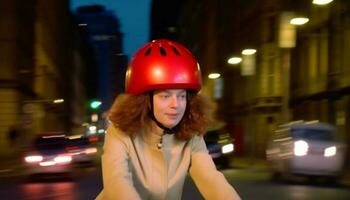 jovem adulto ciclismo dentro a cidade às noite, desfrutando vida noturna gerado de ai foto