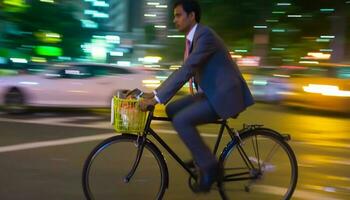 chinês homem de negocios ciclismo através cidade tráfego dentro cheio terno gerado de ai foto