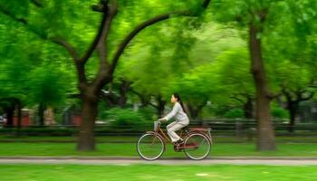 jovem mulheres ciclismo ao ar livre, desfrutando natureza e saudável estilos de vida gerado de ai foto