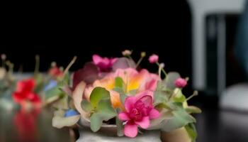 fresco ramalhete do multi colori flores dentro Rosa vaso para decoração gerado de ai foto