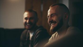 dois machos, 1 com uma barba, sorridente dentro de casa com felicidade gerado de ai foto