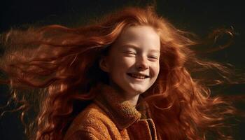 sorridente jovem mulher com grandes encaracolado Castanho cabelo desfrutando natureza gerado de ai foto