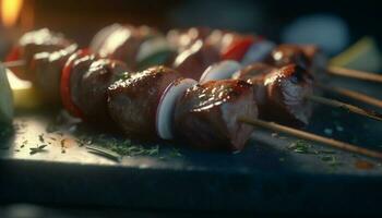 grelhado espetos do carne de porco e carne bovina, uma gourmet verão refeição gerado de ai foto