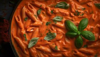recentemente cozinhou gourmet massa com saudável vegetariano tomate molho gerado de ai foto
