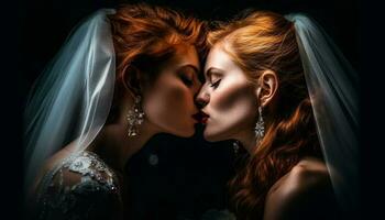 dois jovem adulto fêmeas dentro Casamento glamour, elegância e sensualidade gerado de ai foto