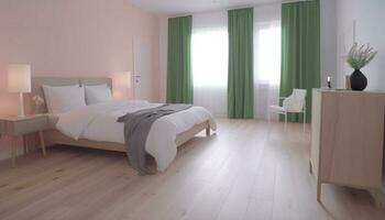 luxo moderno apartamento com confortável Duplo cama e elegante decoração gerado de ai foto