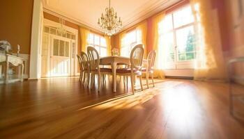 moderno luxo apartamento com elegante madeira pavimentos e confortável mobília gerado de ai foto