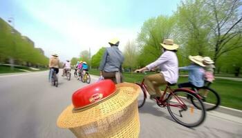 grupo do pessoas ciclismo ao ar livre, desfrutando verão período de férias juntos gerado de ai foto