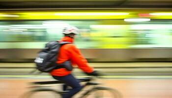 correndo viajante equitação metrô trem, deixando cidade vida atrás gerado de ai foto