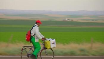 1 adulto motociclista ciclismo através rural paisagem, carregando mochila gerado de ai foto