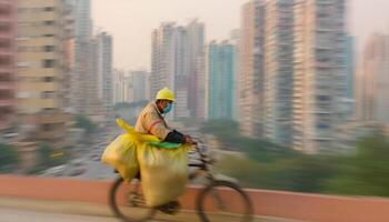 ciclismo homem de negocios velocidades através cidade em bicicleta, borrado movimento aventura gerado de ai foto