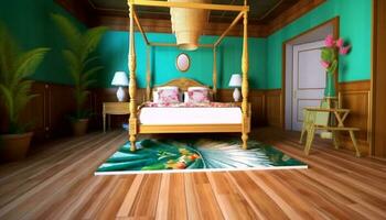 confortável moderno quarto com elegante de madeira cama e azul papel de parede gerado de ai foto