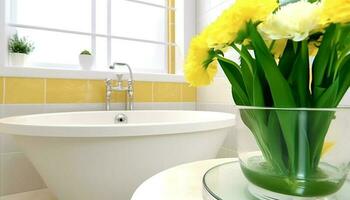 elegância e frescor dentro uma moderno doméstico banheiro com tulipas gerado de ai foto